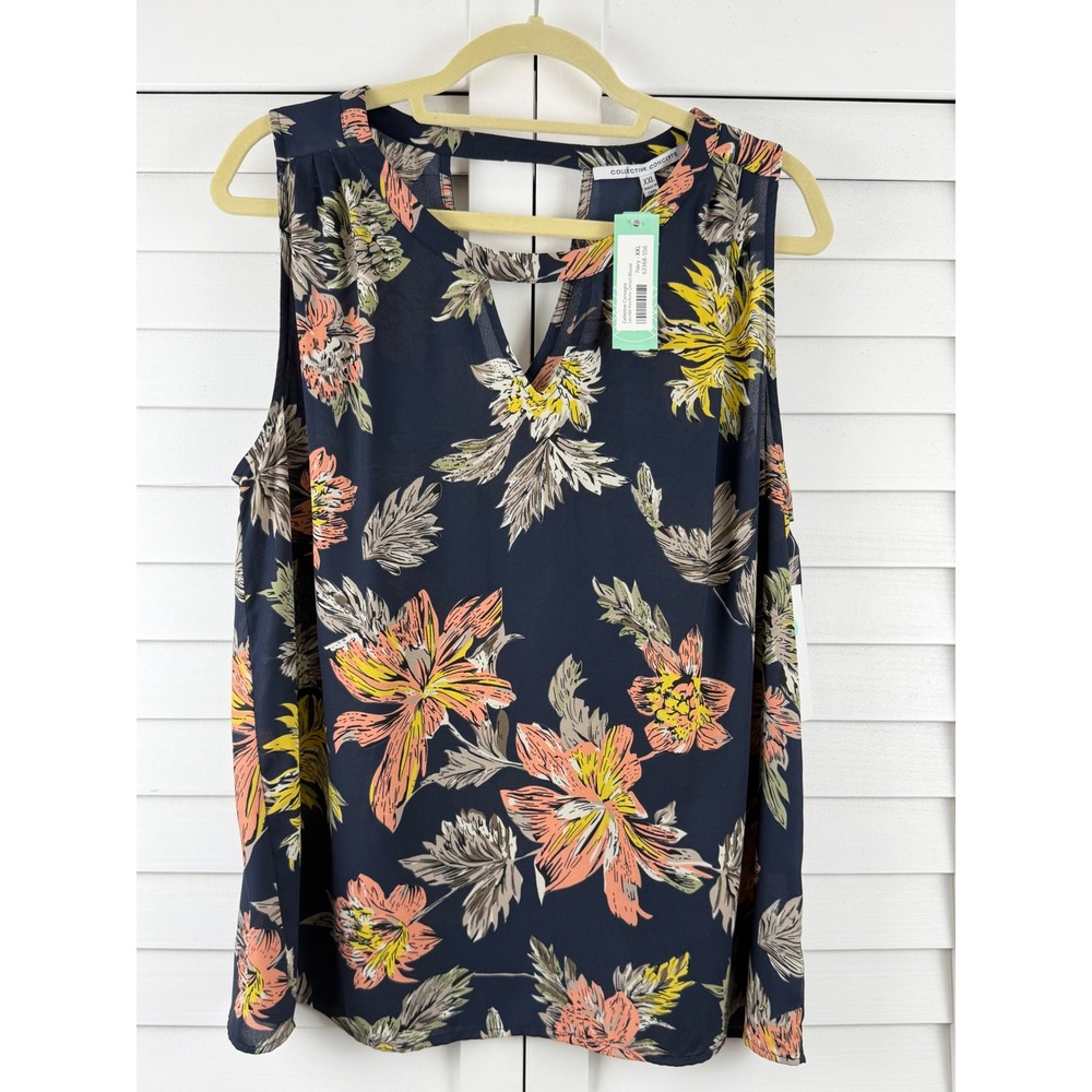 Collective Concepts Blouse Women XXL Navy Floral Keyhole Sleeveless NEW